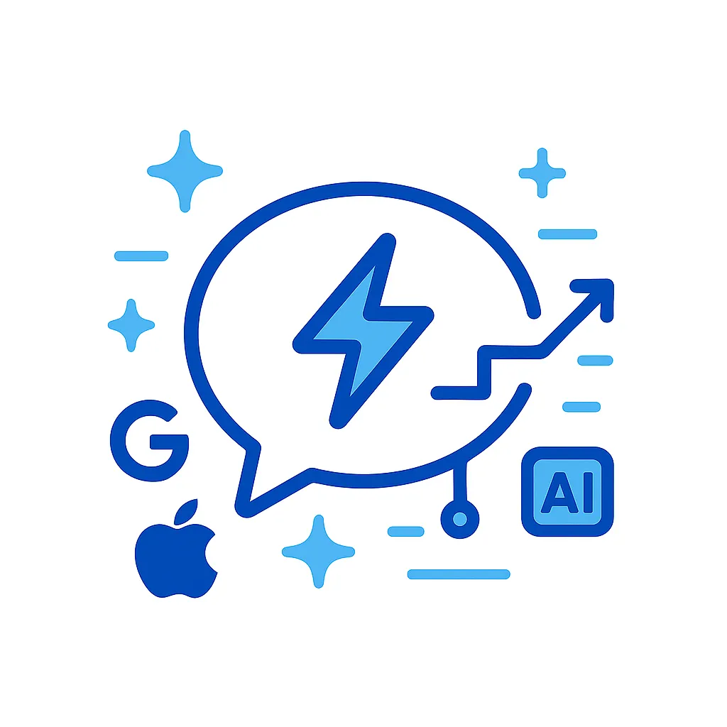 A chat message window being filled with content from AI and apple and google logos