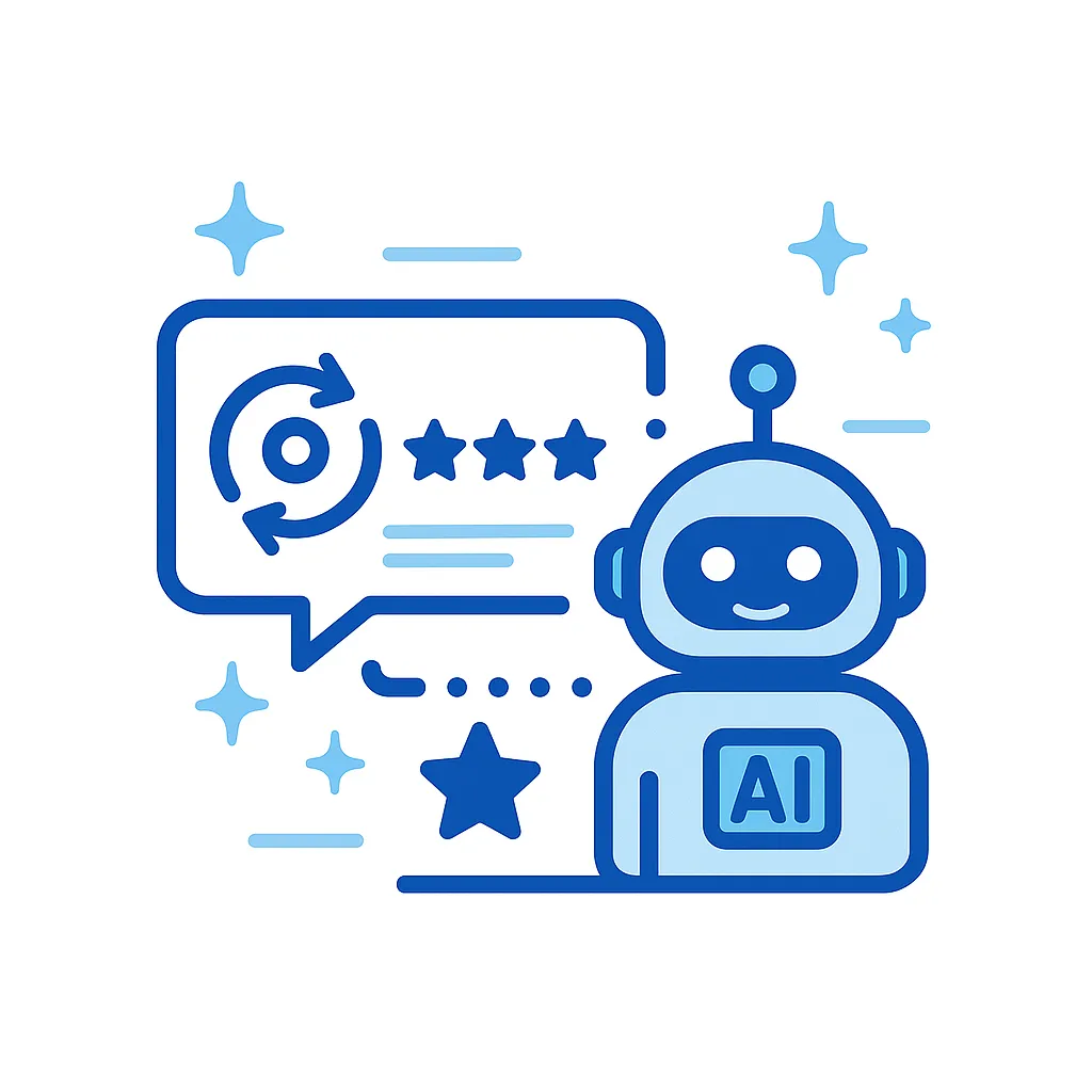 A happy little robot managing reviews for a business.